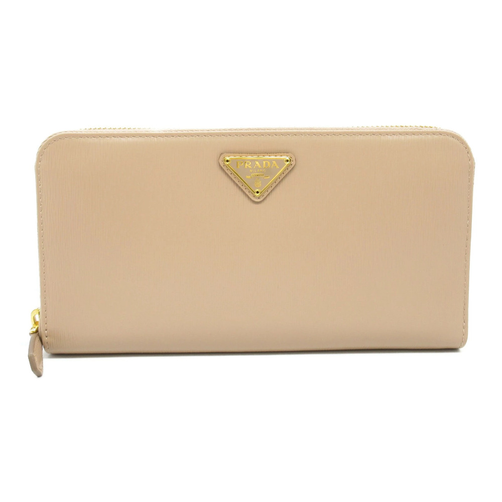 Prada Round Long Wallet Leather Calf Beige Tan